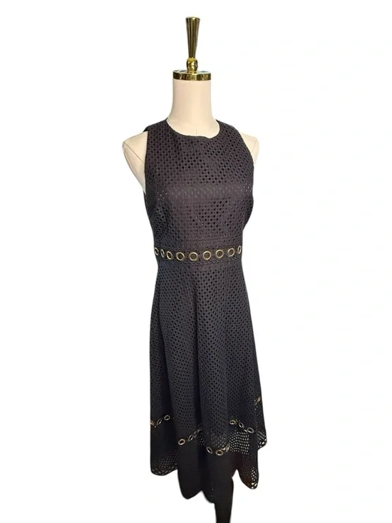 Gianni Bini Black Eyelet Midi Dress with Gold Grommet Detail Size 6 - Picture 2 of 7